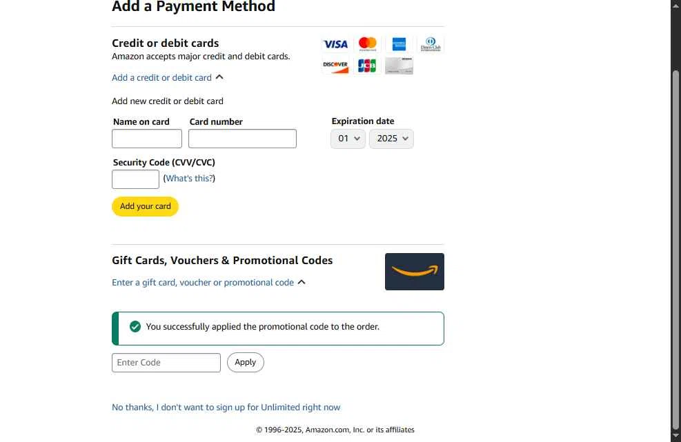 Amazon Music checkout page showing Amazon Music promo code box | Screenshot taken by SimplyCodes community member on May 25, 2025