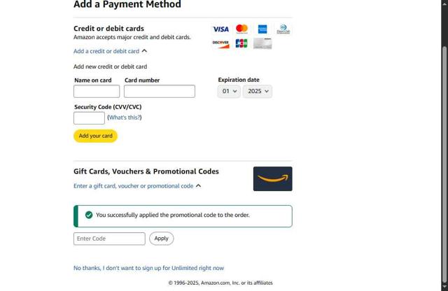 Amazon Music checkout page showing Amazon Music promo code box | Screenshot taken by SimplyCodes community member on May 25, 2025