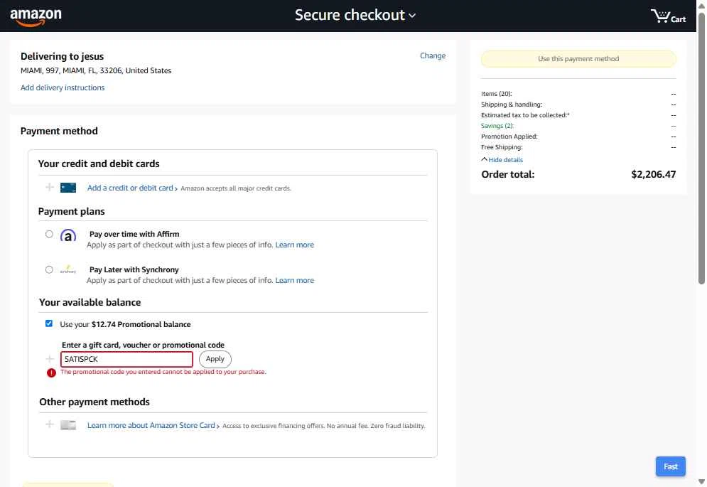 Amazon Prime checkout page showing Amazon Prime promo code box | Screenshot taken by SimplyCodes community member on Aug 7, 2025