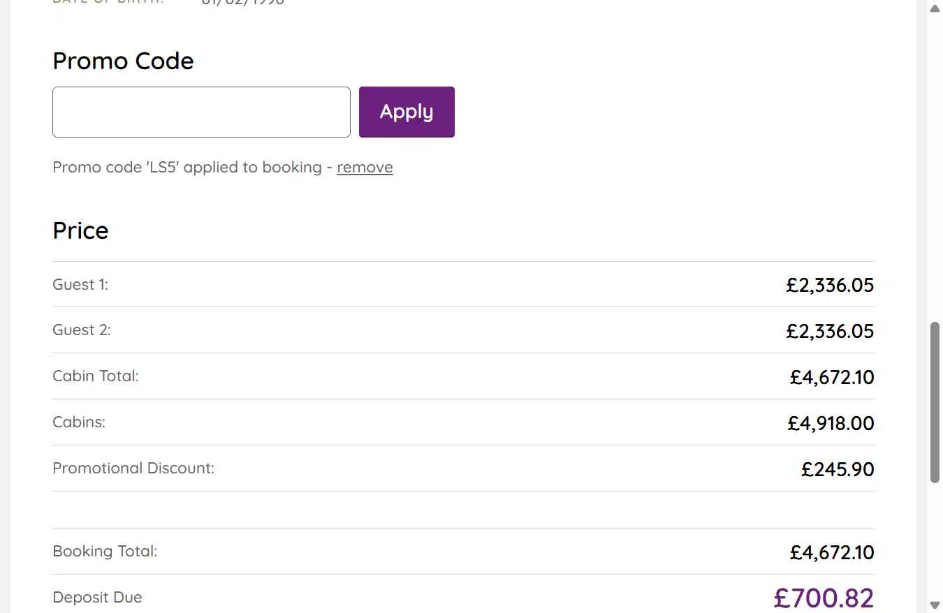 Ambassador Cruise Line checkout page showing Ambassador Cruise Line promo code box | Screenshot taken by SimplyCodes community member on Nov 27, 2025