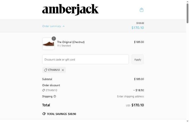 Amberjack checkout page showing Amberjack discount code box | Screenshot taken by SimplyCodes community member on May 2, 2025