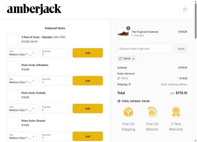 Amberjack checkout page showing Amberjack discount code box | Screenshot taken by SimplyCodes community member on May 25, 2025