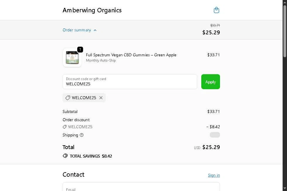 Amberwing Organics checkout page showing Amberwing Organics promo code box | Screenshot taken by SimplyCodes community member on Feb 13, 2026