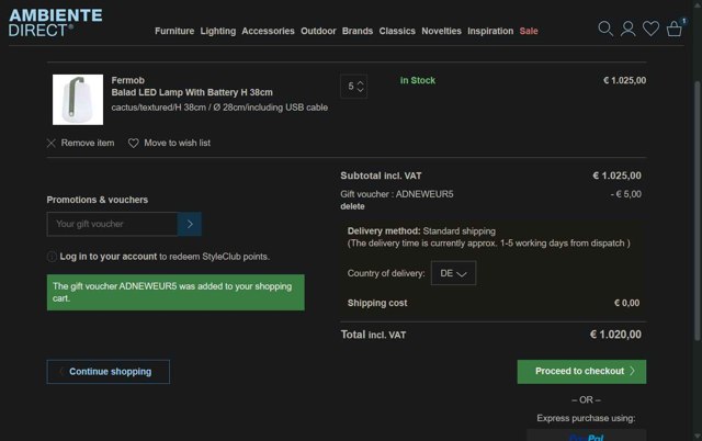 AmbienteDirect checkout page showing AmbienteDirect promo code box | Screenshot taken by SimplyCodes community member on May 21, 2025