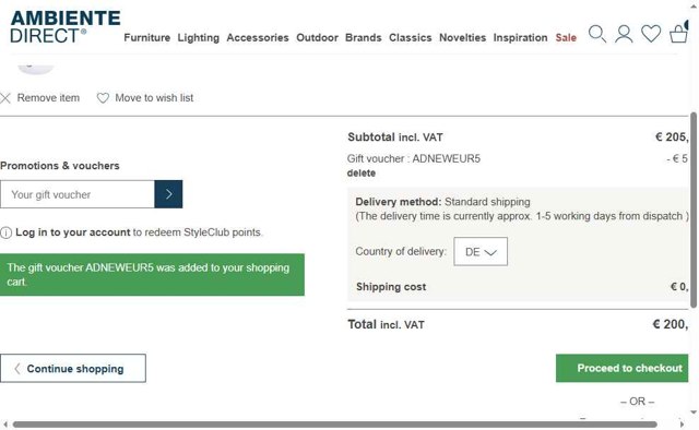 AmbienteDirect checkout page showing AmbienteDirect promo code box | Screenshot taken by SimplyCodes community member on May 21, 2025