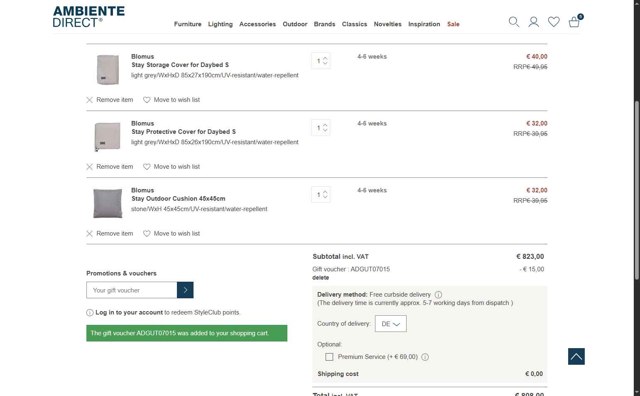 AmbienteDirect checkout page showing AmbienteDirect promo code box | Screenshot taken by SimplyCodes community member on May 21, 2025