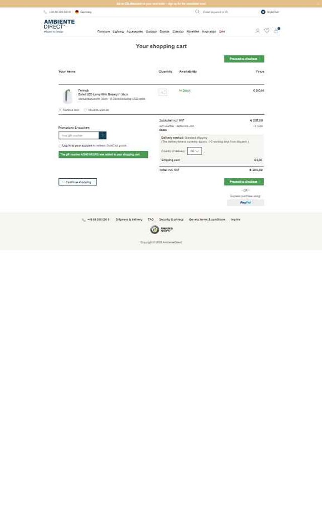 AmbienteDirect checkout page showing AmbienteDirect promo code box | Screenshot taken by SimplyCodes community member on May 21, 2025