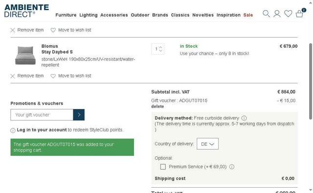 AmbienteDirect checkout page showing AmbienteDirect promo code box | Screenshot taken by SimplyCodes community member on May 21, 2025