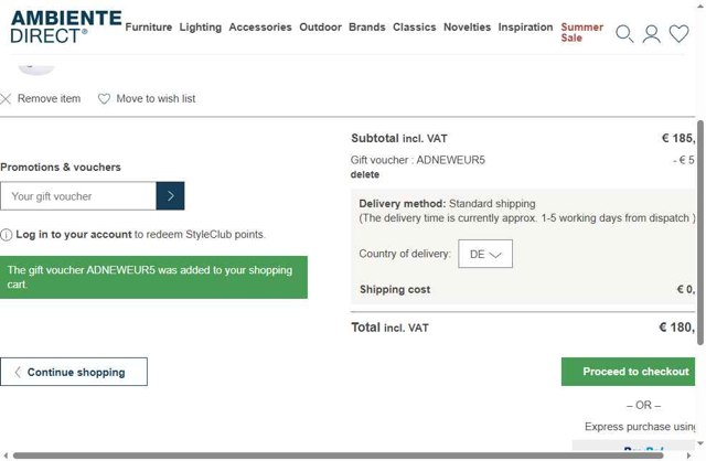 AmbienteDirect checkout page showing AmbienteDirect promo code box | Screenshot taken by SimplyCodes community member on Jul 3, 2025