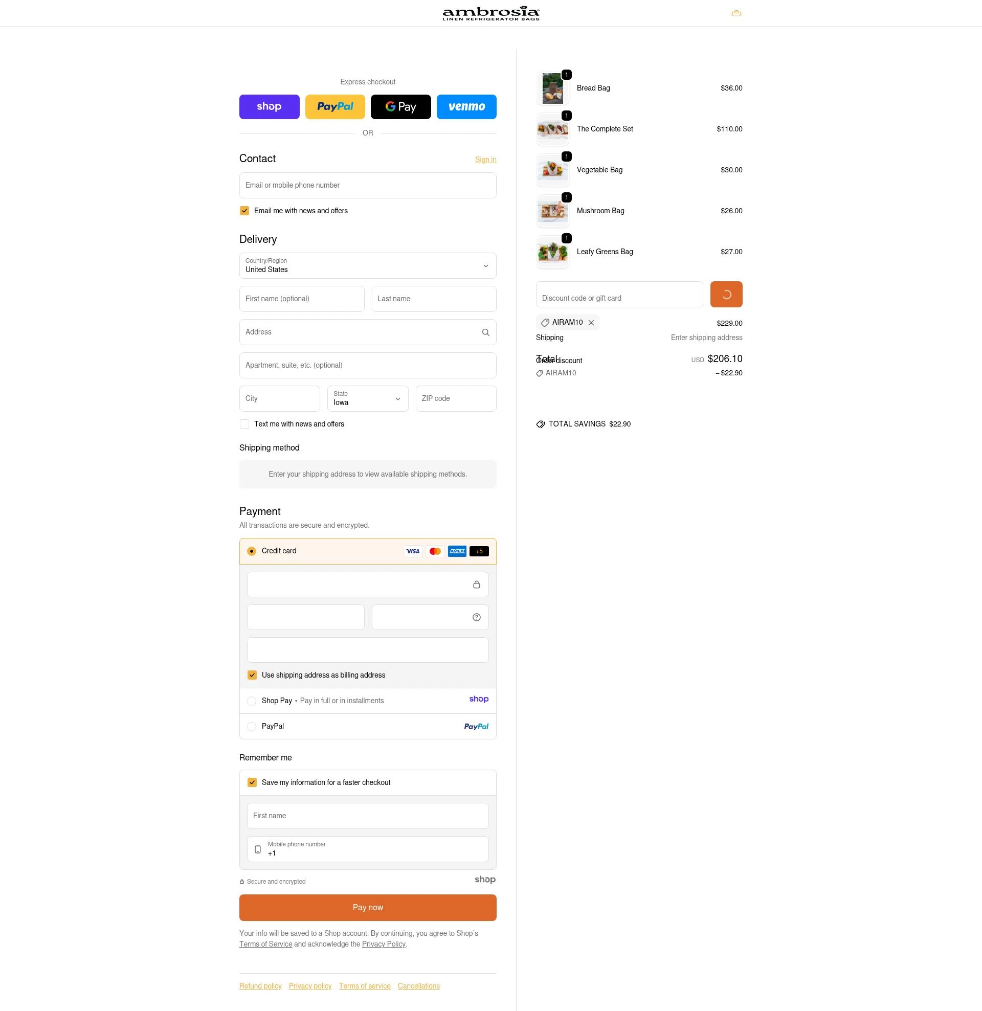 Ambrosia Bags checkout page showing Ambrosia Bags discount code box | Screenshot taken by SimplyCodes community member on Jan 9, 2026