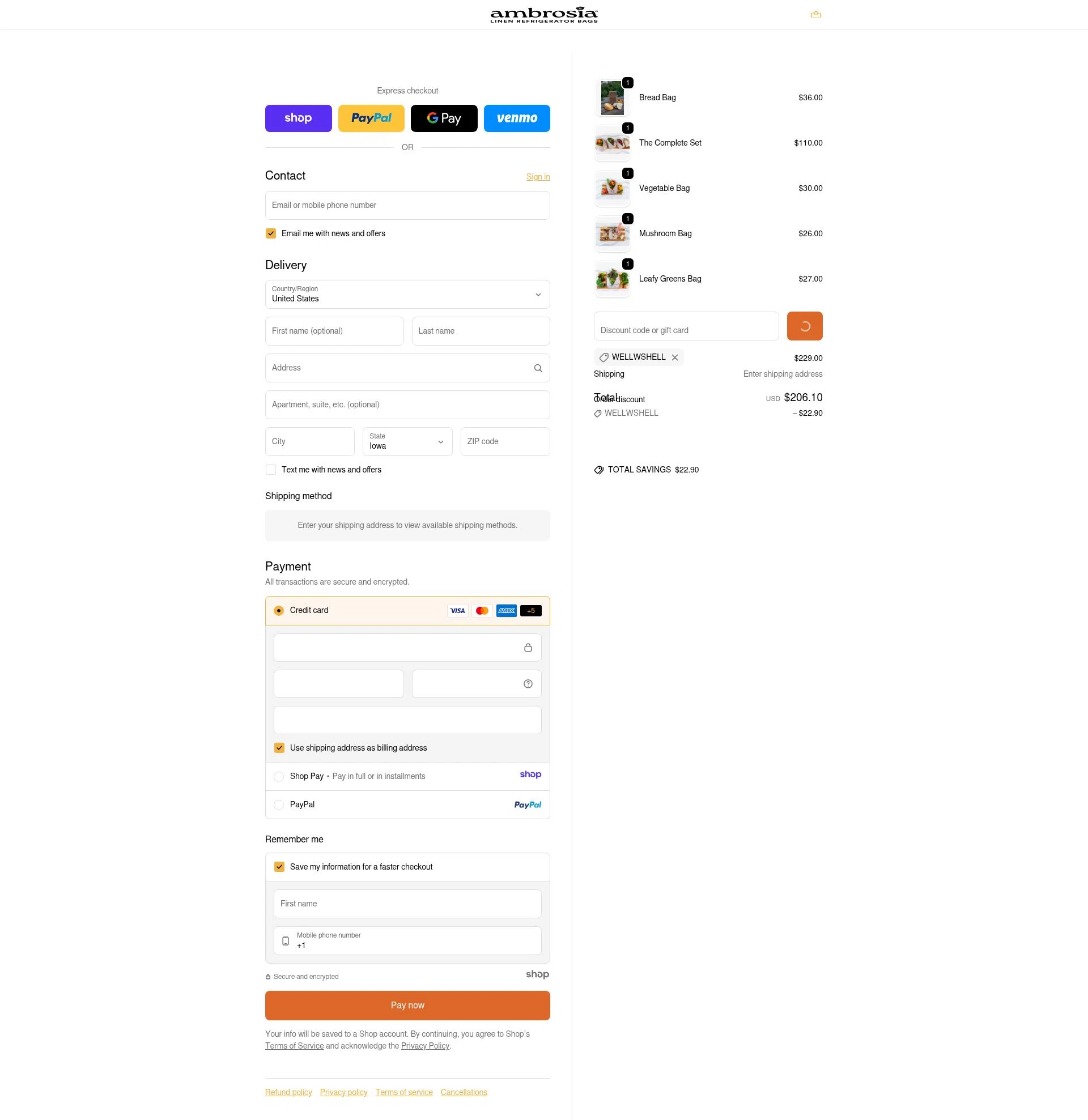 Ambrosia Bags checkout page showing Ambrosia Bags discount code box | Screenshot taken by SimplyCodes community member on Jan 9, 2026