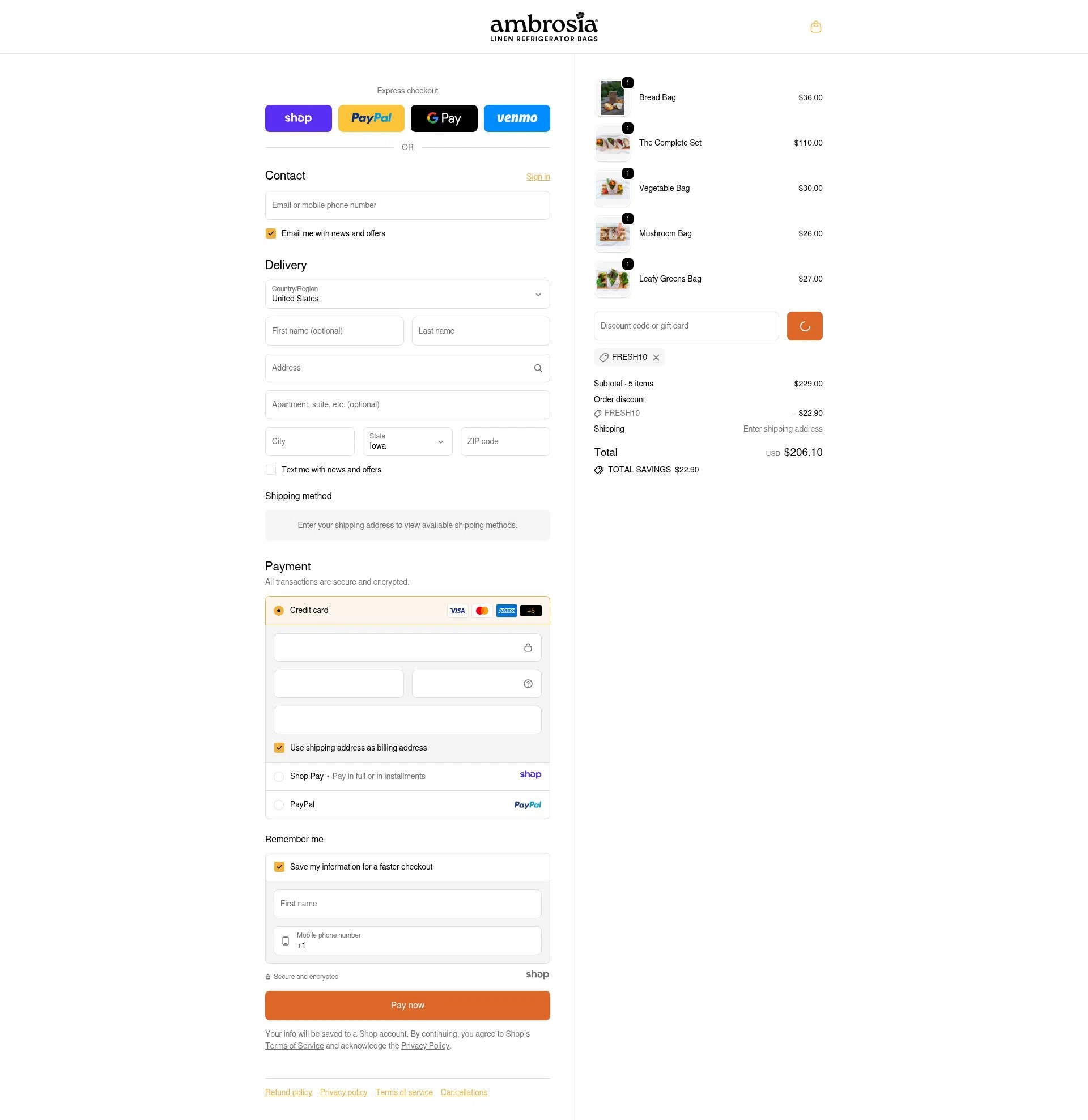 Ambrosia Bags checkout page showing Ambrosia Bags discount code box | Screenshot taken by SimplyCodes community member on Jan 9, 2026