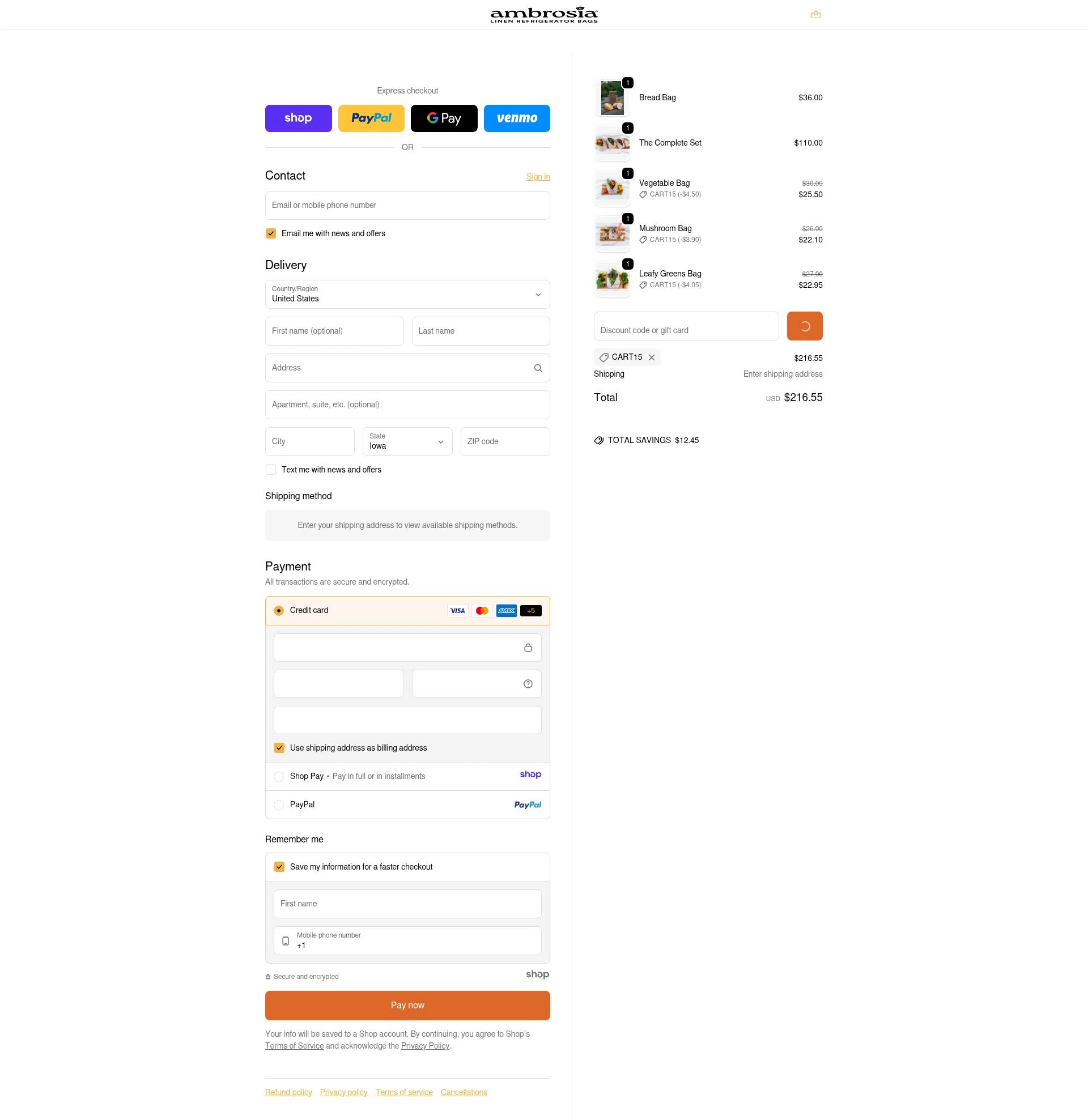 Ambrosia Bags checkout page showing Ambrosia Bags discount code box | Screenshot taken by SimplyCodes community member on Jan 9, 2026
