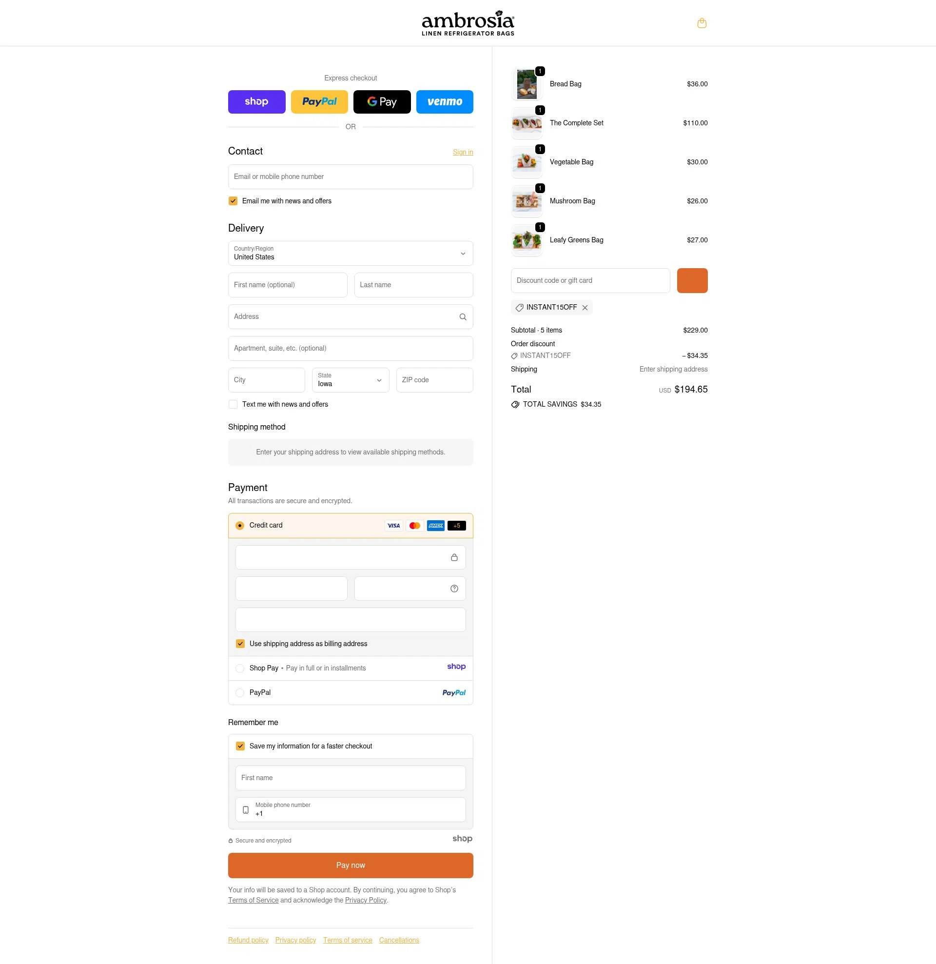 Ambrosia Bags checkout page showing Ambrosia Bags discount code box | Screenshot taken by SimplyCodes community member on Jan 9, 2026
