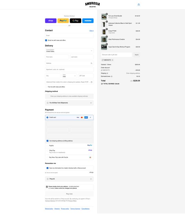 The Ambrosia Collective checkout page showing The Ambrosia Collective promo code box | Screenshot taken by SimplyCodes community member on Sep 13, 2025