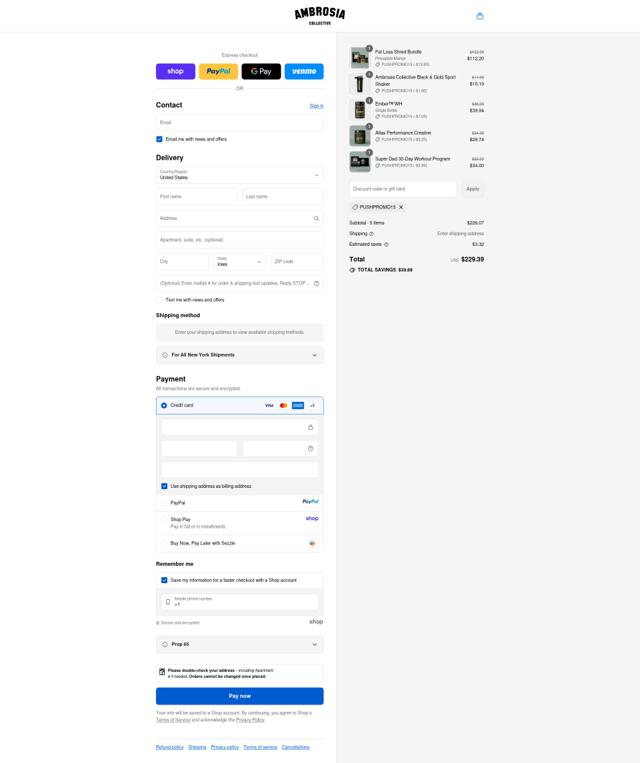 The Ambrosia Collective checkout page showing The Ambrosia Collective promo code box | Screenshot taken by SimplyCodes community member on Sep 13, 2025