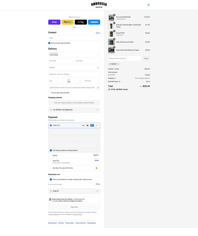 The Ambrosia Collective checkout page showing The Ambrosia Collective promo code box | Screenshot taken by SimplyCodes community member on Sep 13, 2025