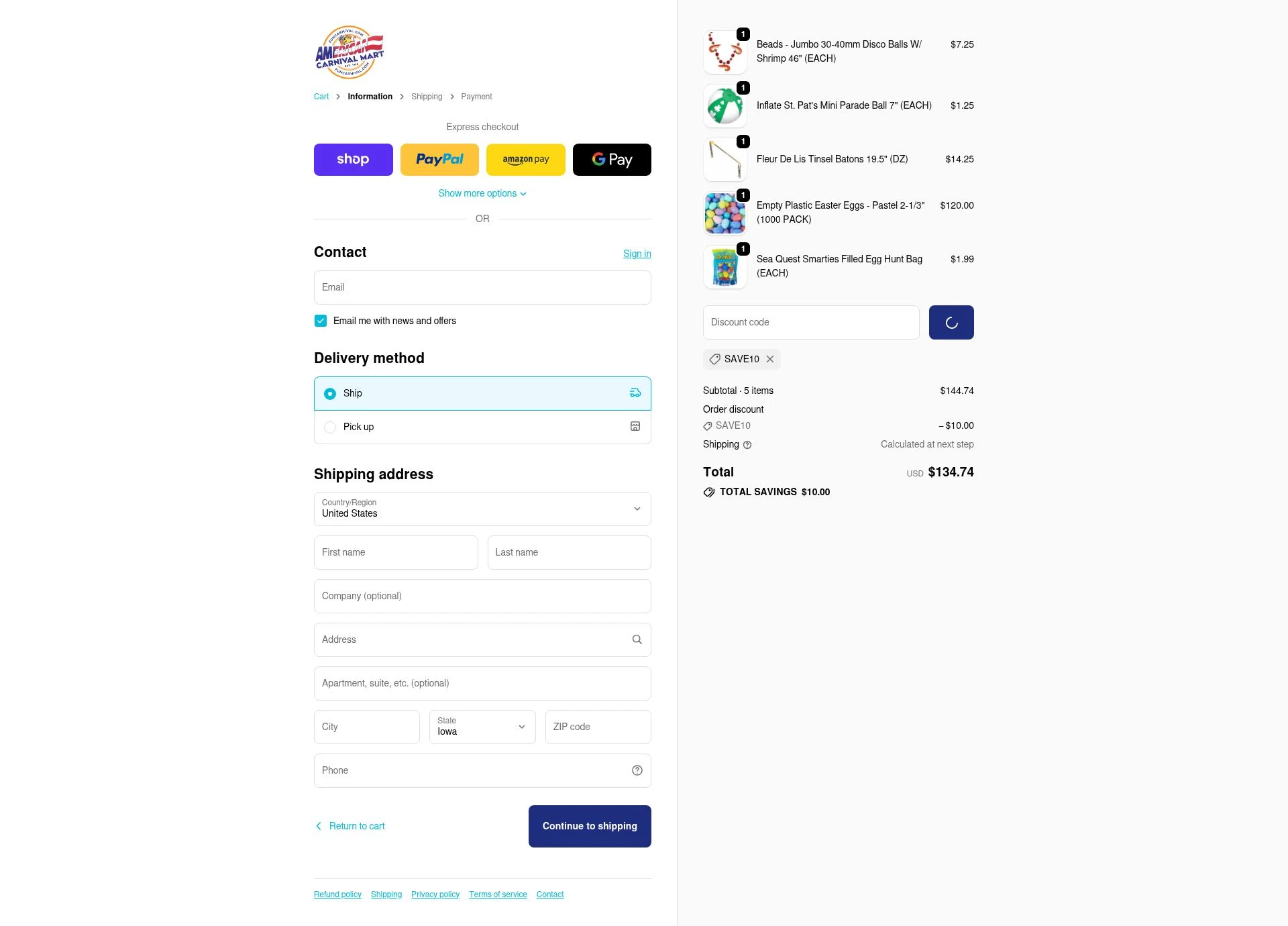 American Carnival Mart checkout page showing American Carnival Mart discount code box | Screenshot taken by SimplyCodes community member on Jan 23, 2026