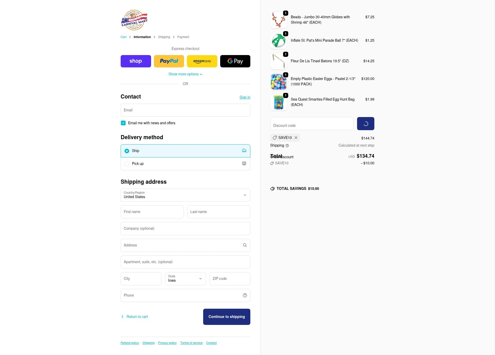 American Carnival Mart checkout page showing American Carnival Mart discount code box | Screenshot taken by SimplyCodes community member on Feb 5, 2026