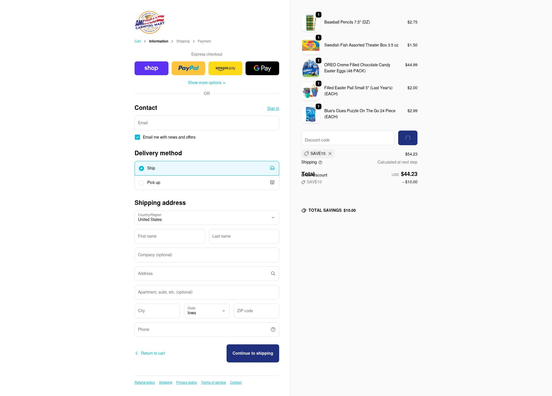 American Carnival Mart checkout page showing American Carnival Mart discount code box | Screenshot taken by SimplyCodes community member on Feb 9, 2026