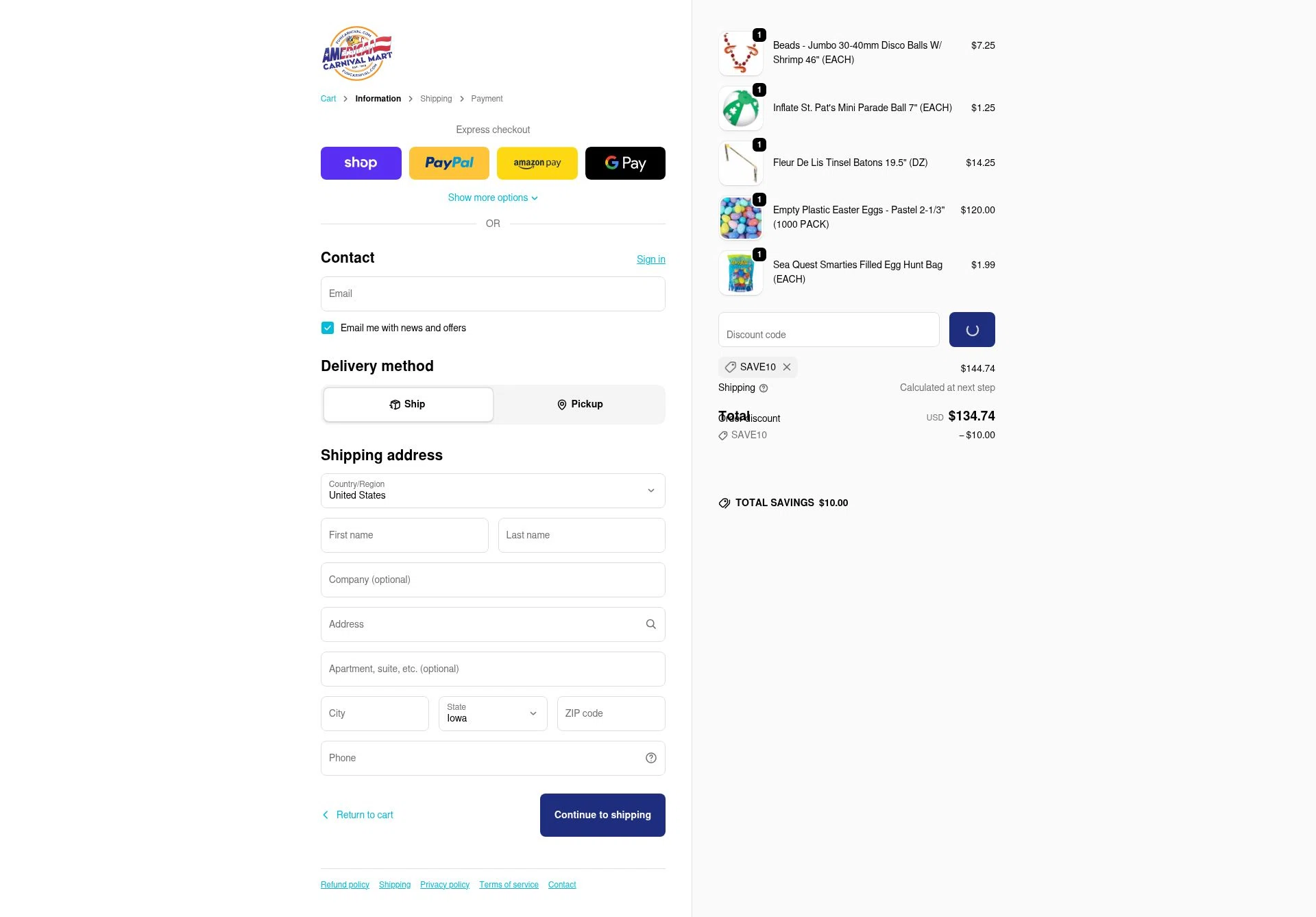 American Carnival Mart checkout page showing American Carnival Mart discount code box | Screenshot taken by SimplyCodes community member on Jan 18, 2026