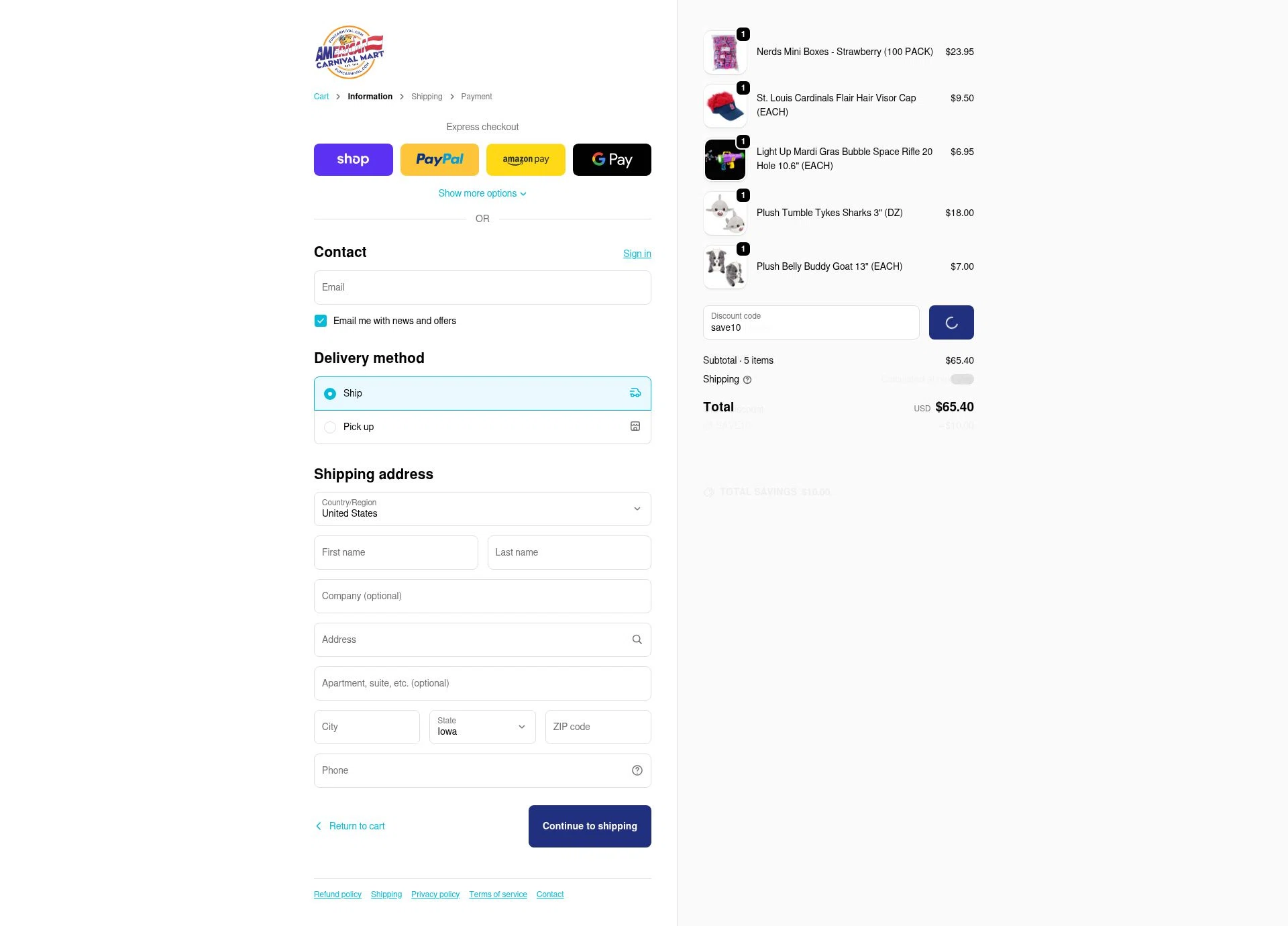 American Carnival Mart checkout page showing American Carnival Mart discount code box | Screenshot taken by SimplyCodes community member on Jan 3, 2026
