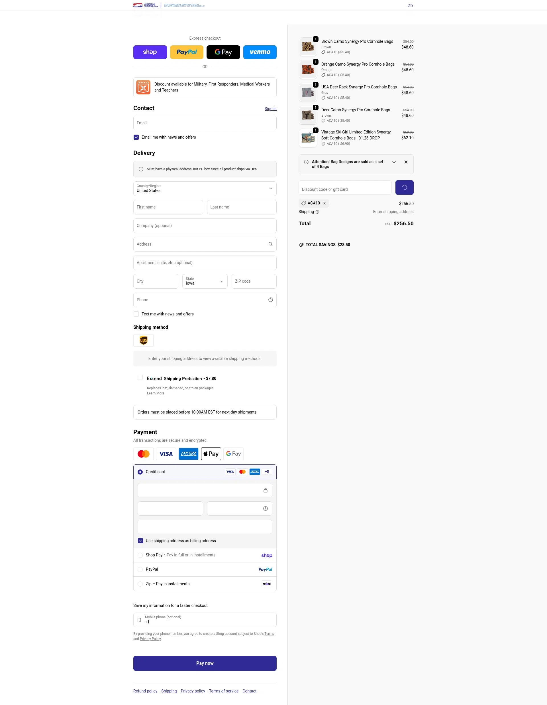 American Cornhole Association checkout page showing American Cornhole Association discount code box | Screenshot taken by SimplyCodes community member on Feb 17, 2026