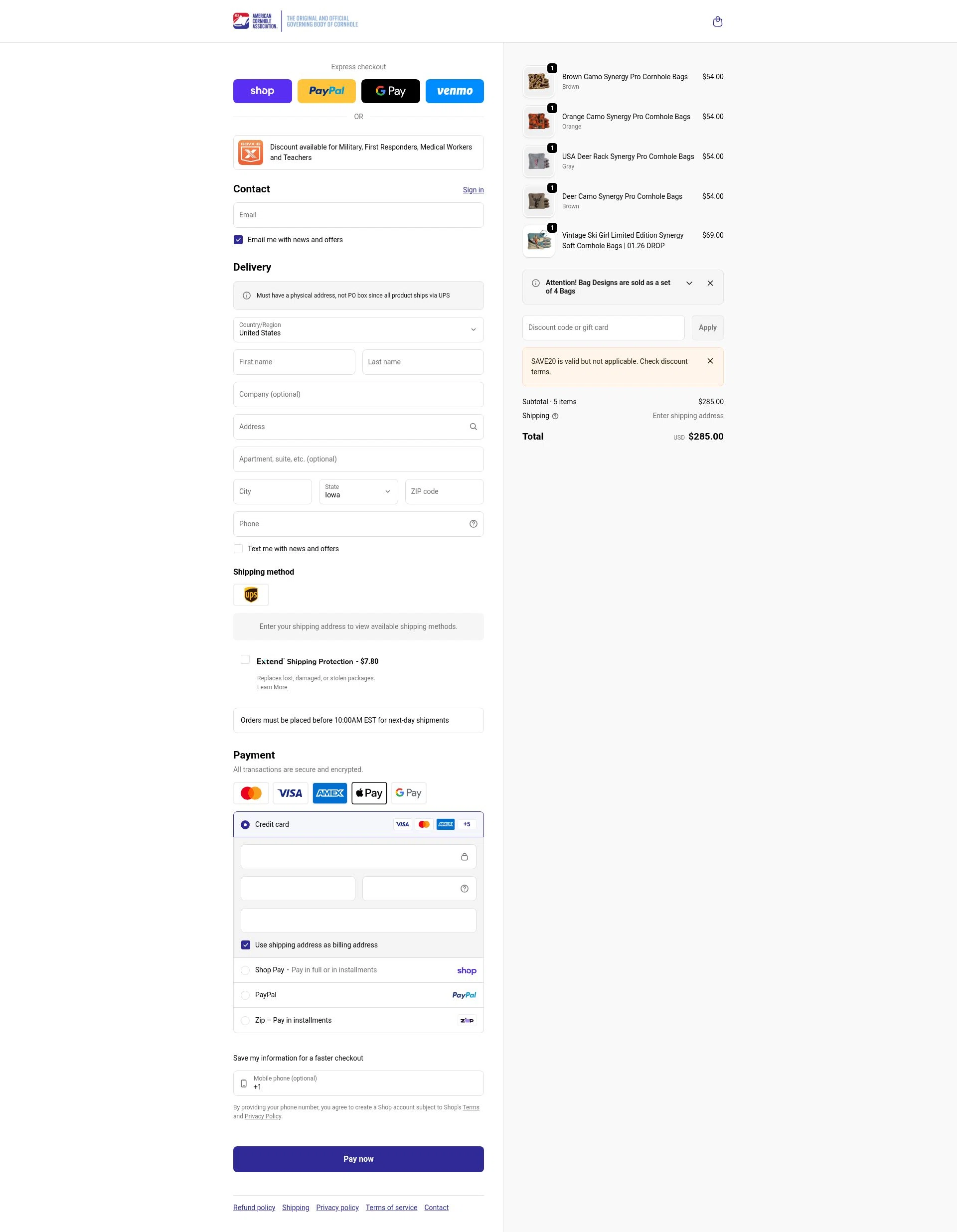 American Cornhole Association checkout page showing American Cornhole Association discount code box | Screenshot taken by SimplyCodes community member on Feb 15, 2026