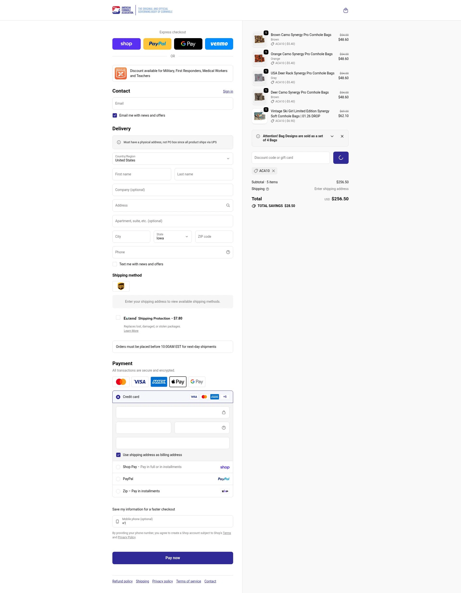 American Cornhole Association checkout page showing American Cornhole Association discount code box | Screenshot taken by SimplyCodes community member on Feb 13, 2026