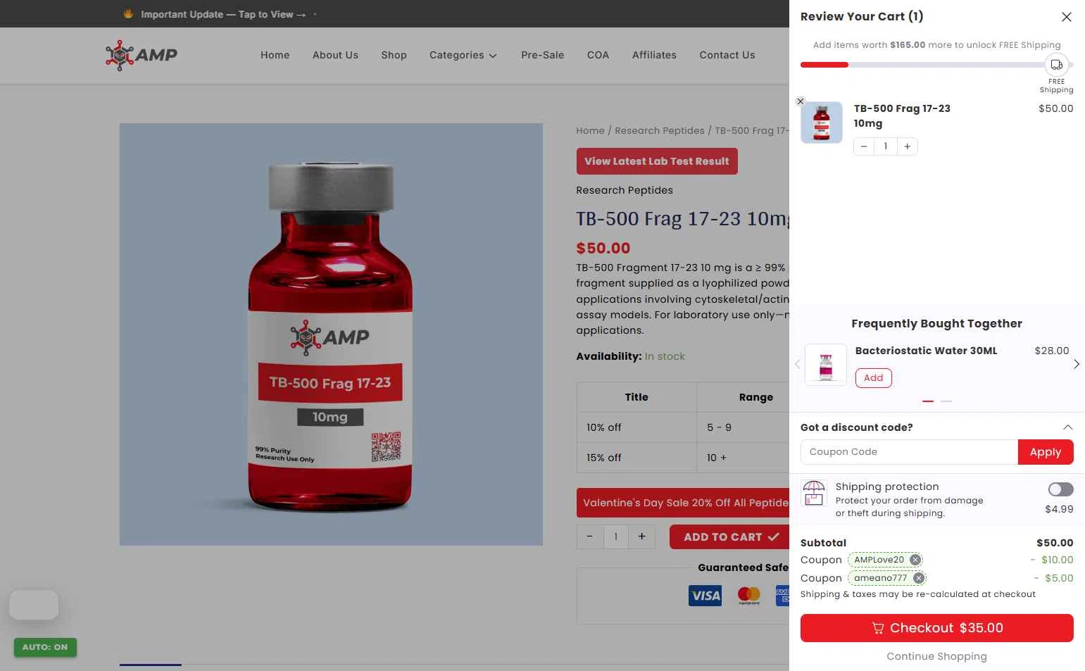 Ameano Peptides checkout page showing Ameano Peptides promo code box | Screenshot taken by SimplyCodes community member on Feb 11, 2026
