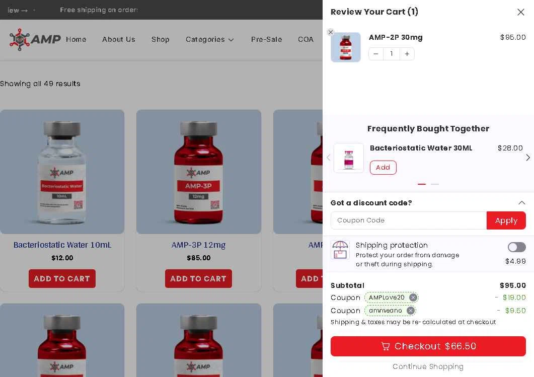 Ameano Peptides checkout page showing Ameano Peptides promo code box | Screenshot taken by SimplyCodes community member on Feb 11, 2026