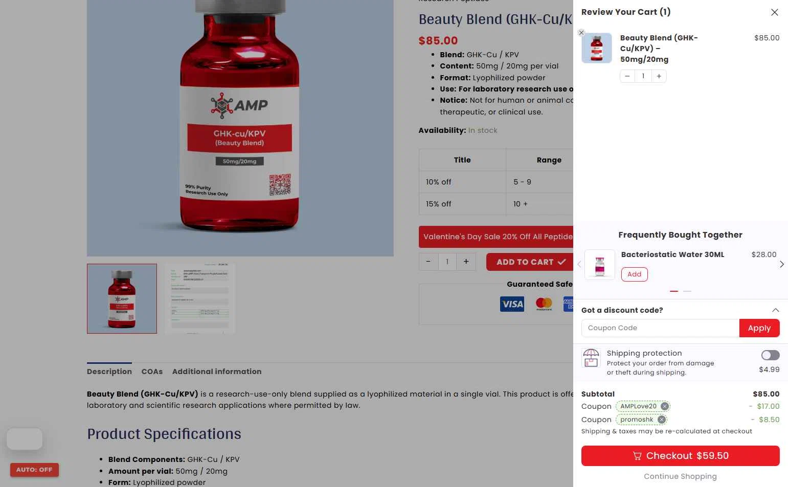 Ameano Peptides checkout page showing Ameano Peptides promo code box | Screenshot taken by SimplyCodes community member on Feb 11, 2026