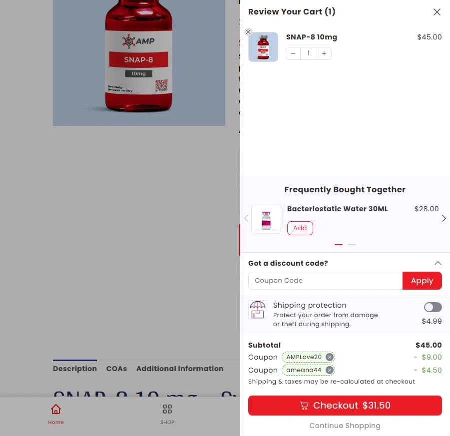 Ameano Peptides checkout page showing Ameano Peptides promo code box | Screenshot taken by SimplyCodes community member on Feb 11, 2026