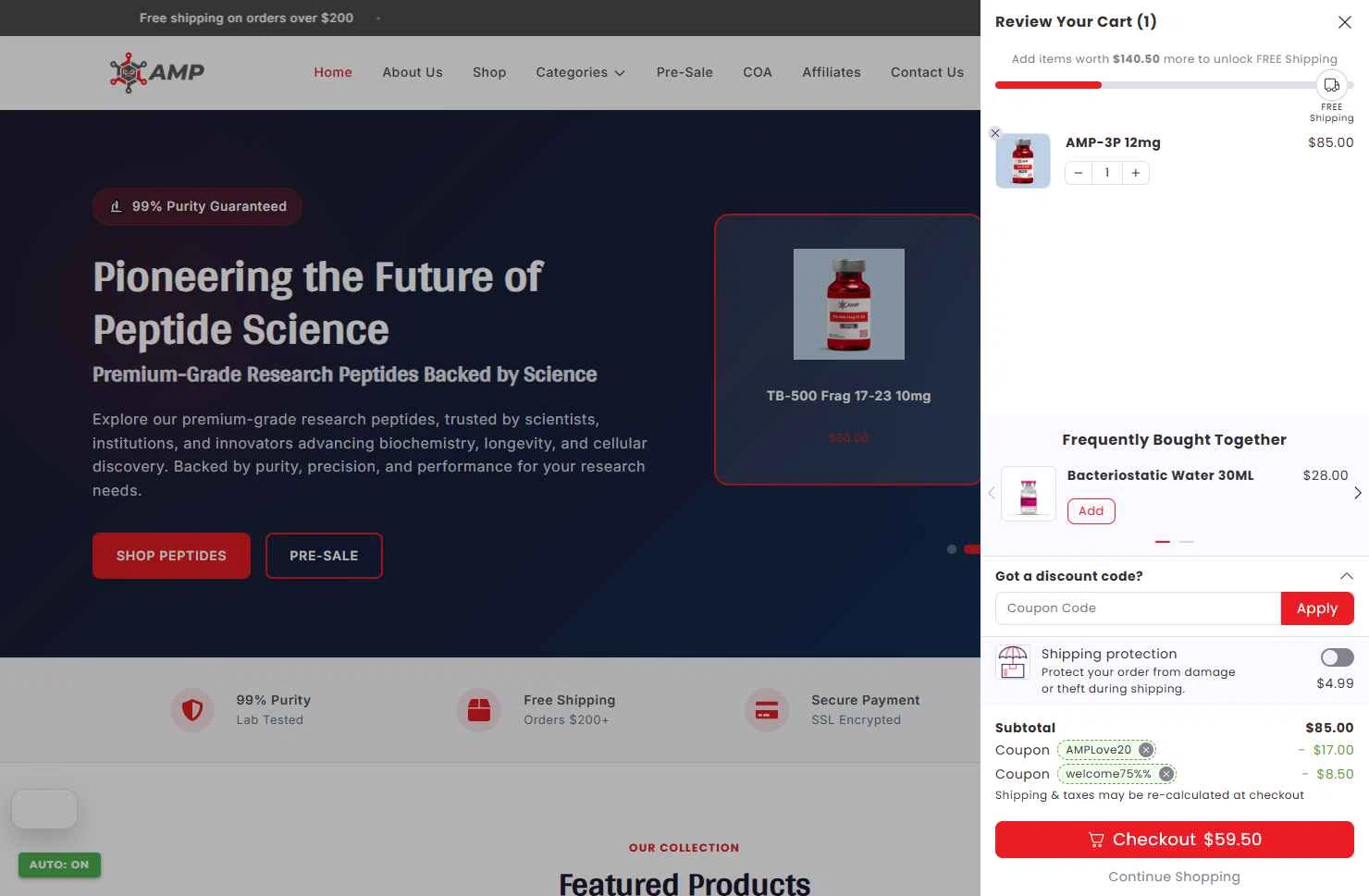 Ameano Peptides checkout page showing Ameano Peptides promo code box | Screenshot taken by SimplyCodes community member on Feb 11, 2026
