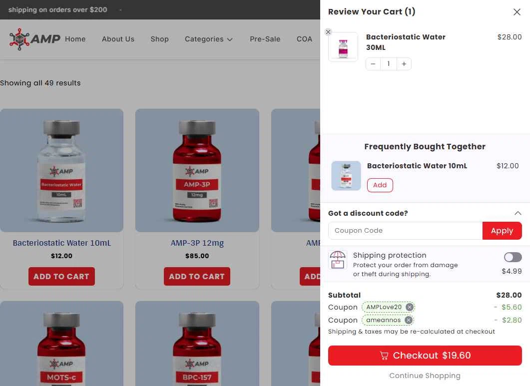 Ameano Peptides checkout page showing Ameano Peptides promo code box | Screenshot taken by SimplyCodes community member on Feb 11, 2026