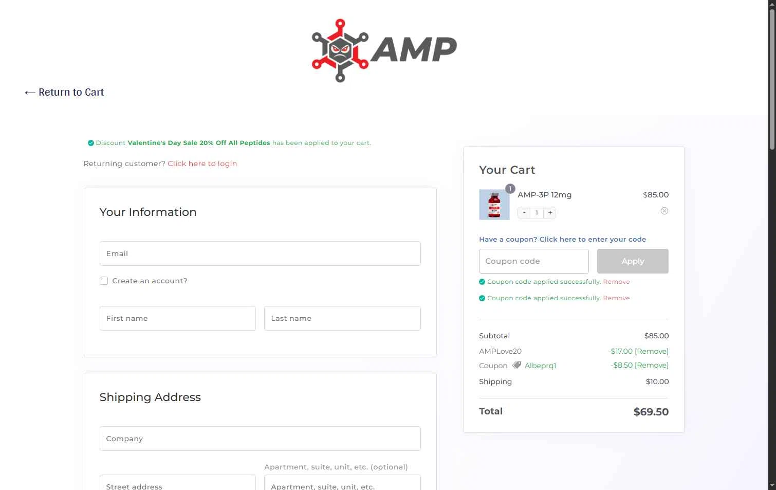 Ameano Peptides checkout page showing Ameano Peptides promo code box | Screenshot taken by SimplyCodes community member on Feb 11, 2026