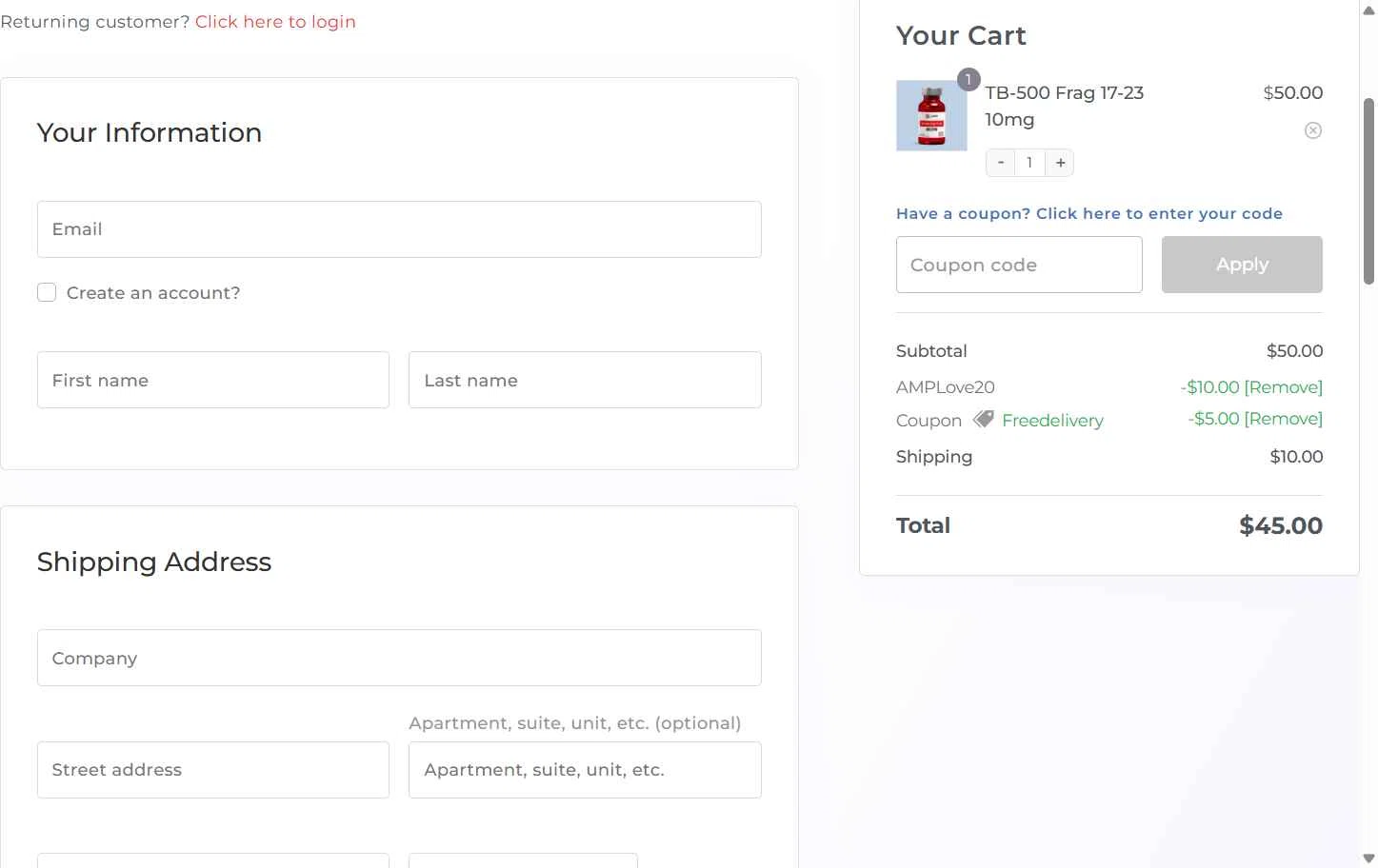 Ameano Peptides checkout page showing Ameano Peptides promo code box | Screenshot taken by SimplyCodes community member on Feb 11, 2026