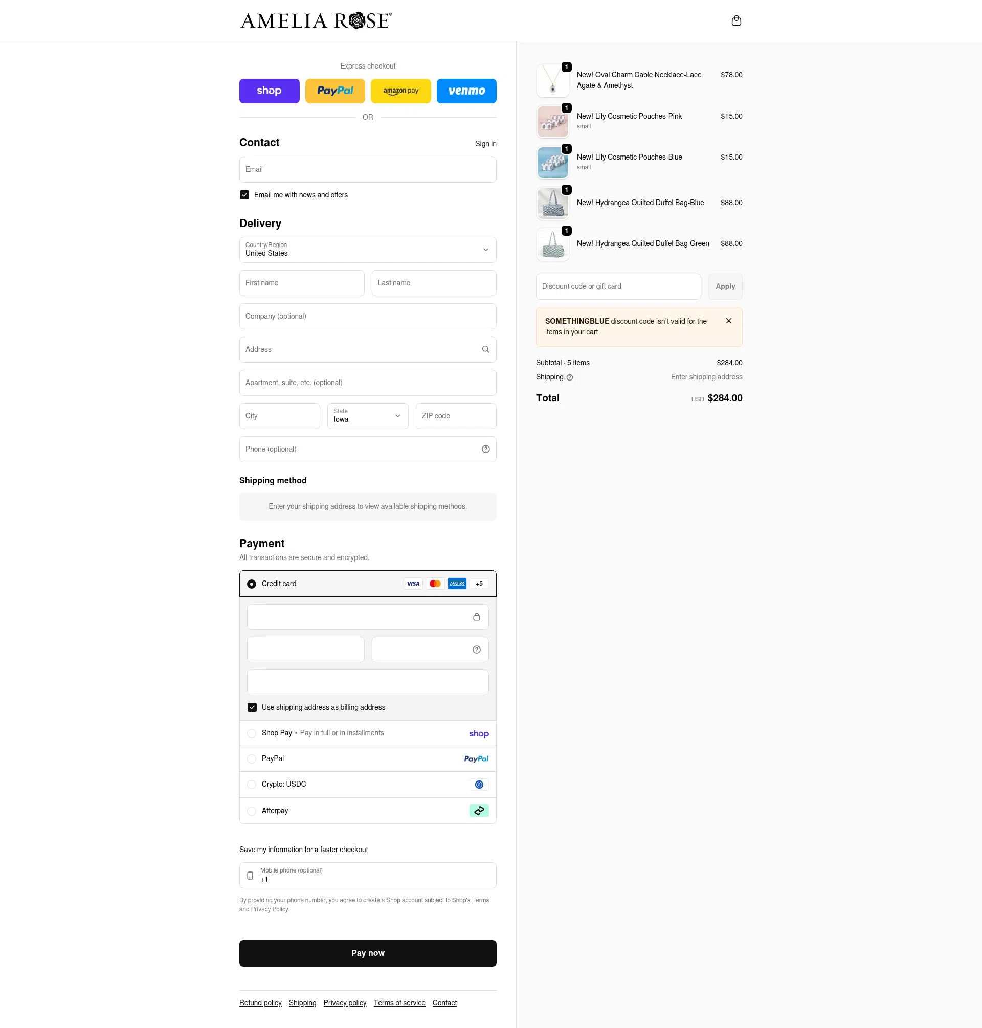 Amelia Rose Design checkout page showing Amelia Rose Design promo code box | Screenshot taken by SimplyCodes community member on Feb 13, 2026