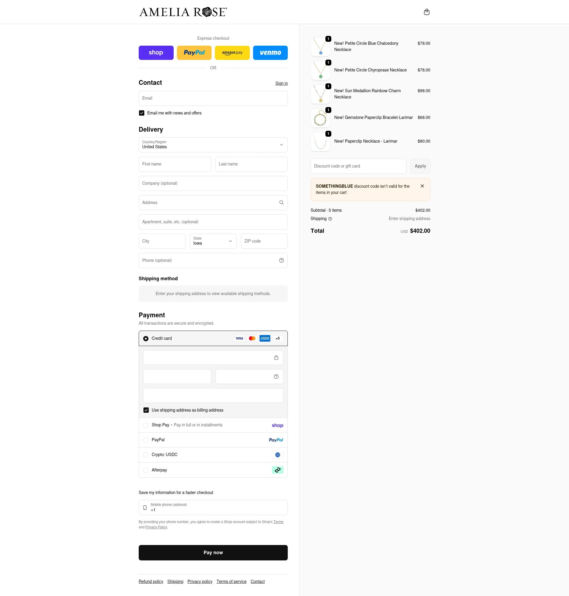 Amelia Rose Design checkout page showing Amelia Rose Design promo code box | Screenshot taken by SimplyCodes community member on Feb 17, 2026