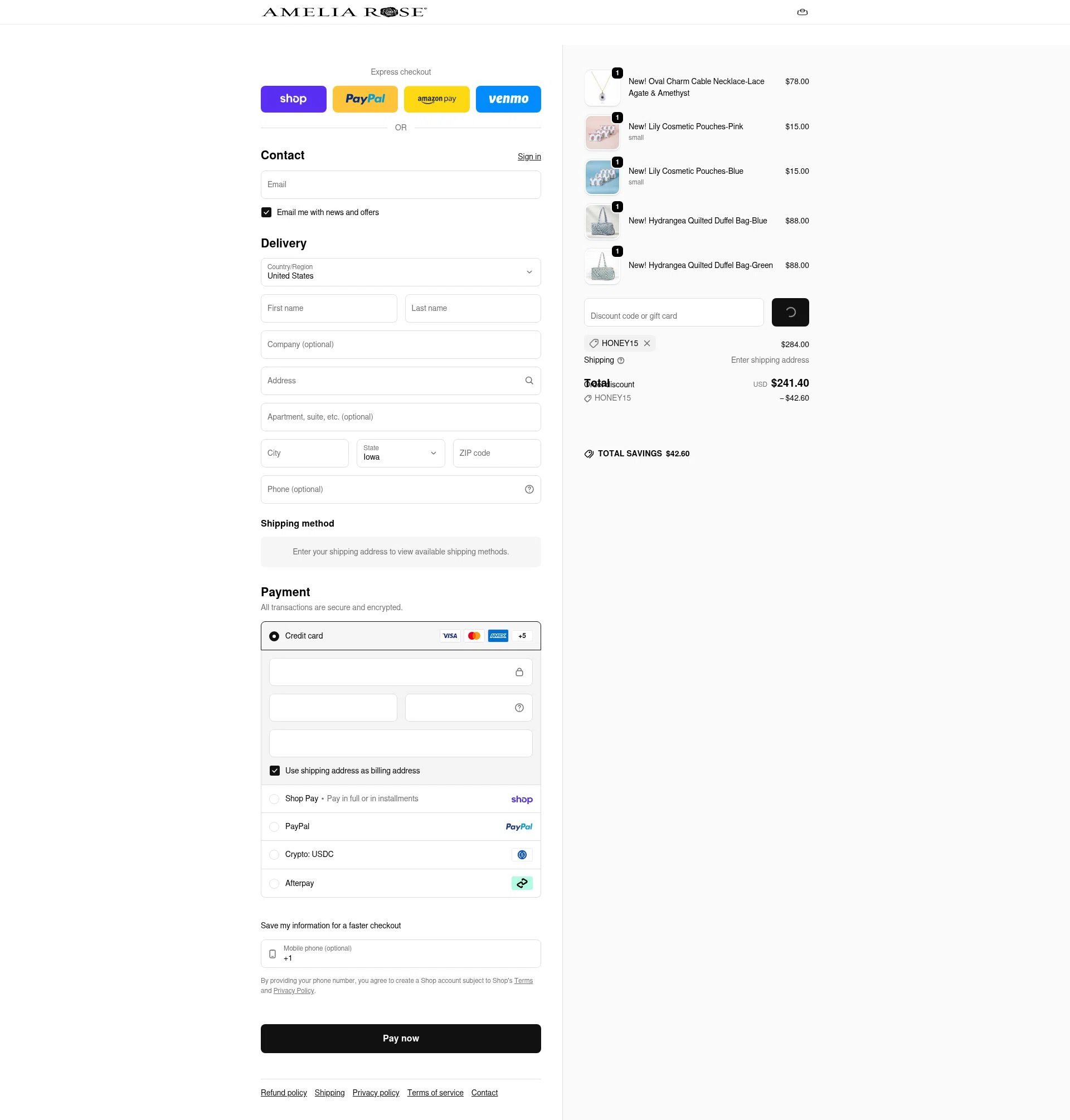 Amelia Rose Design checkout page showing Amelia Rose Design promo code box | Screenshot taken by SimplyCodes community member on Feb 13, 2026
