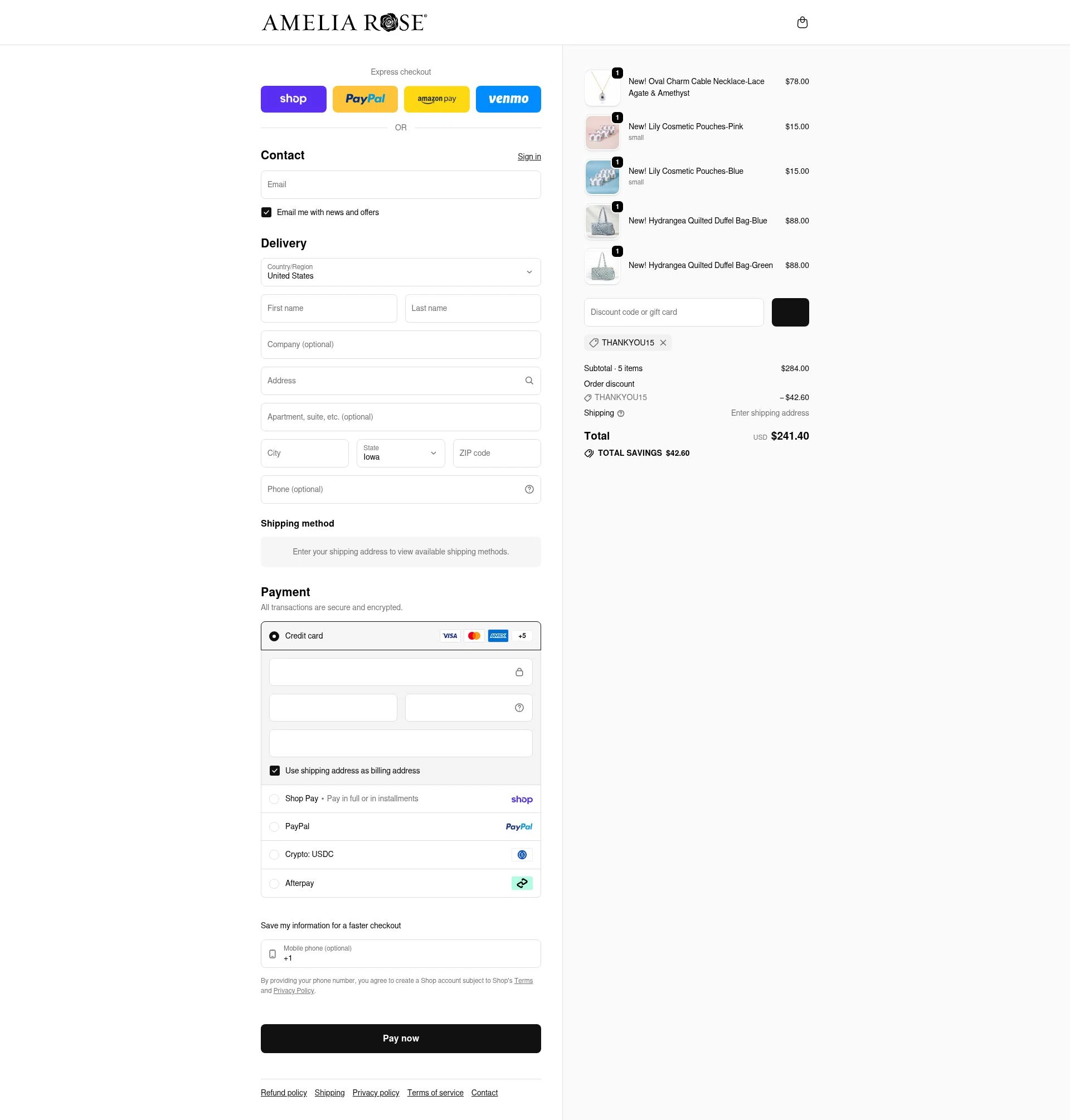 Amelia Rose Design checkout page showing Amelia Rose Design promo code box | Screenshot taken by SimplyCodes community member on Feb 13, 2026