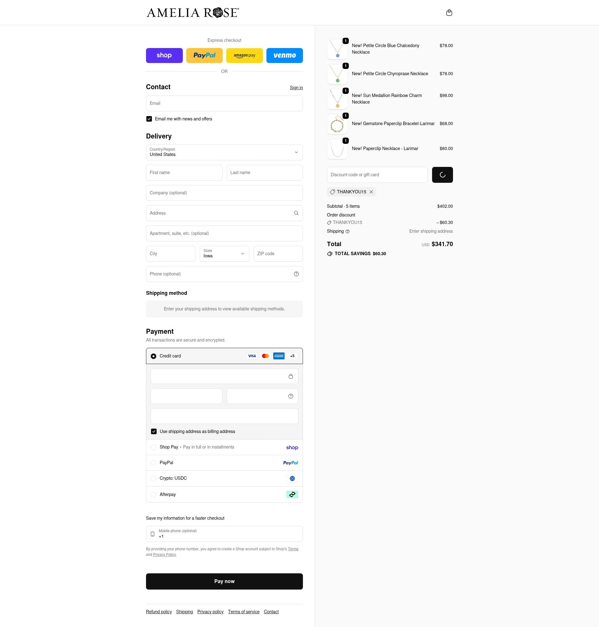 Amelia Rose Design checkout page showing Amelia Rose Design promo code box | Screenshot taken by SimplyCodes community member on Feb 17, 2026