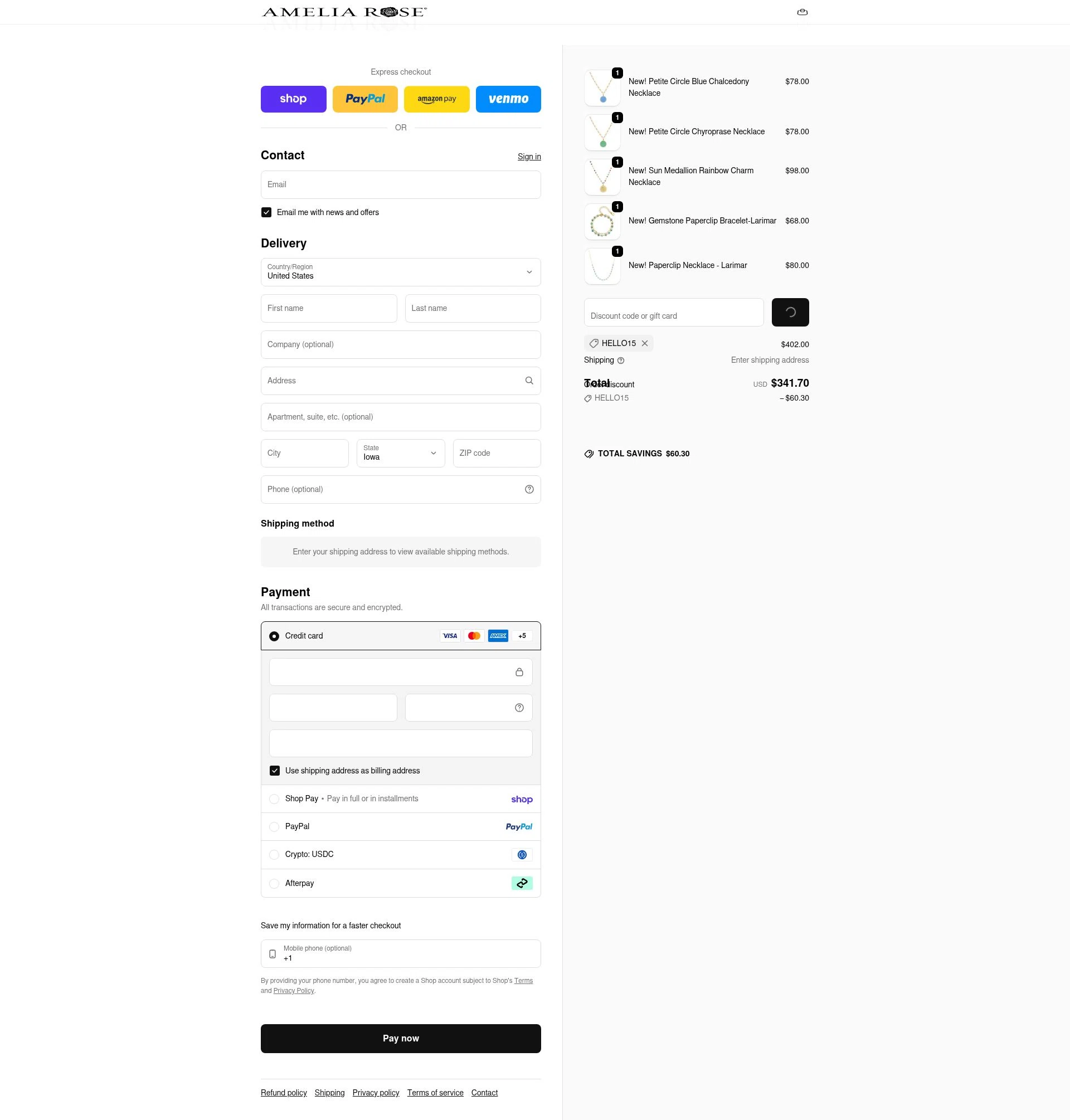 Amelia Rose Design checkout page showing Amelia Rose Design promo code box | Screenshot taken by SimplyCodes community member on Feb 17, 2026