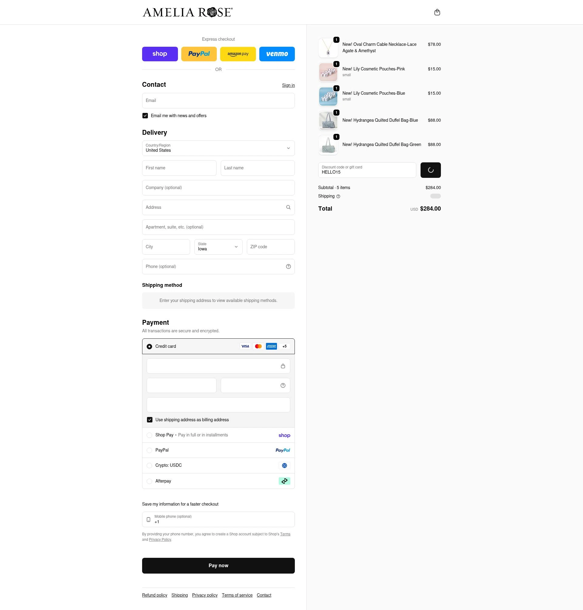 Amelia Rose Design checkout page showing Amelia Rose Design promo code box | Screenshot taken by SimplyCodes community member on Feb 13, 2026