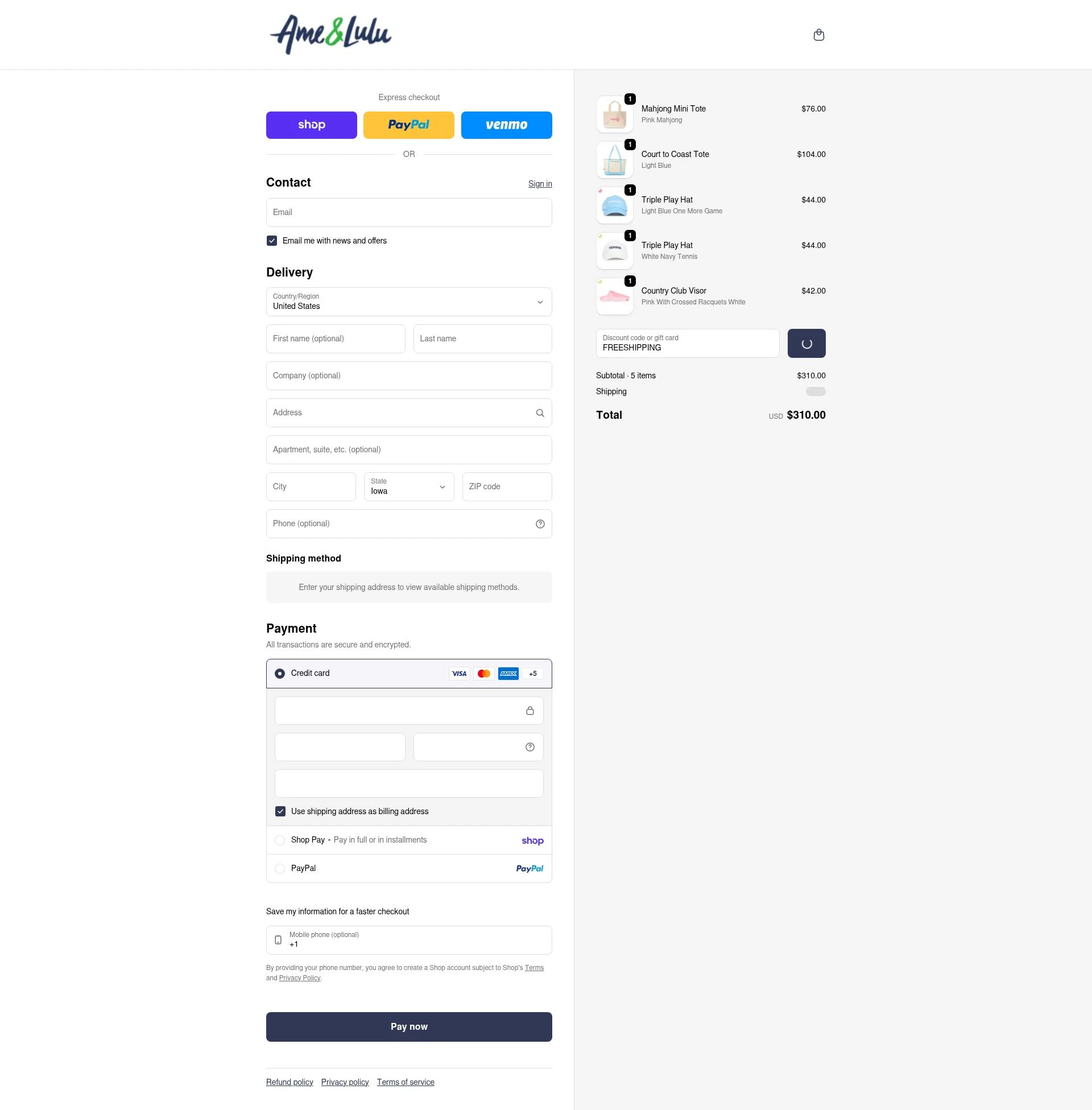 Ame & Lulu checkout page showing Ame & Lulu promo code box | Screenshot taken by SimplyCodes community member on Feb 8, 2026