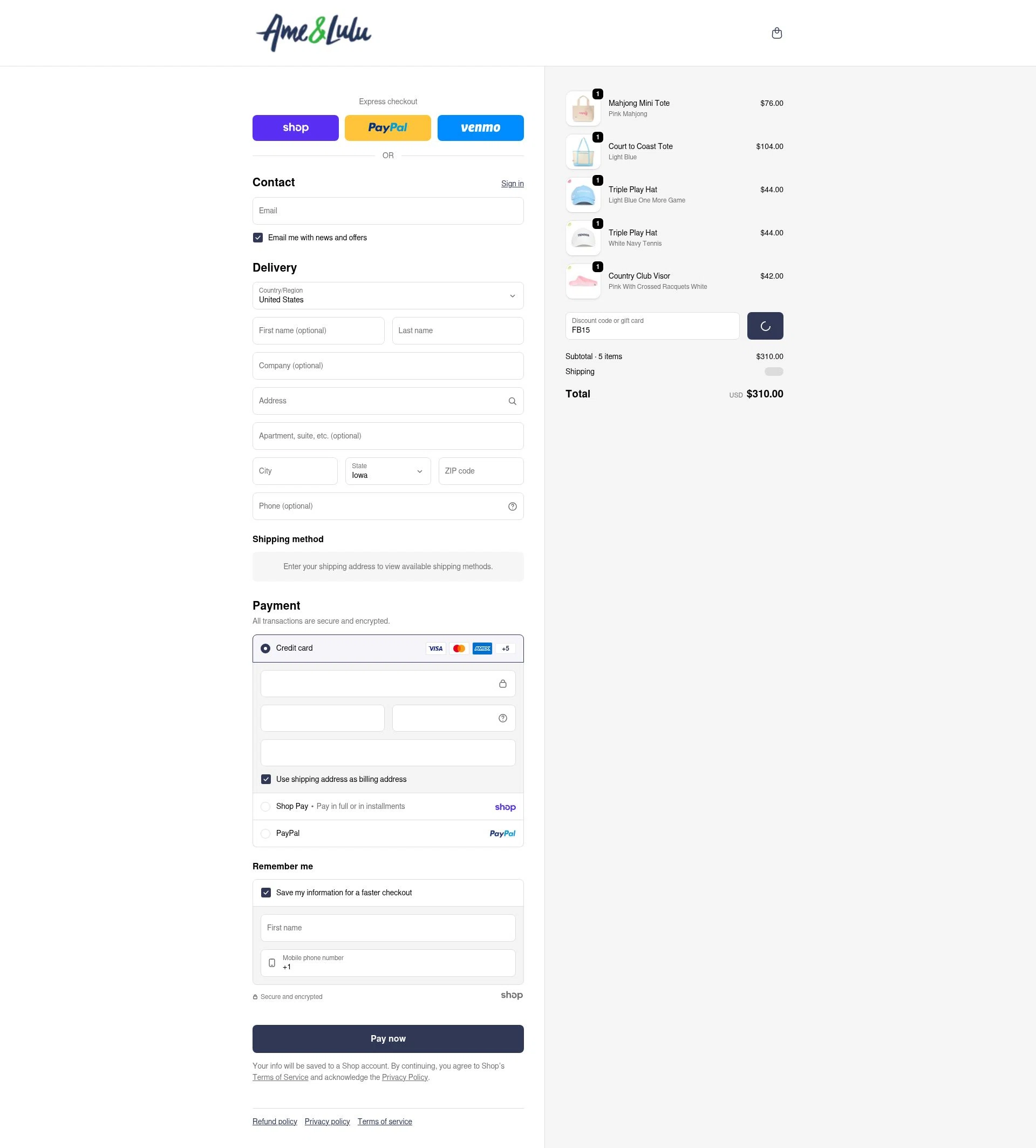 Ame & Lulu checkout page showing Ame & Lulu promo code box | Screenshot taken by SimplyCodes community member on Jan 30, 2026