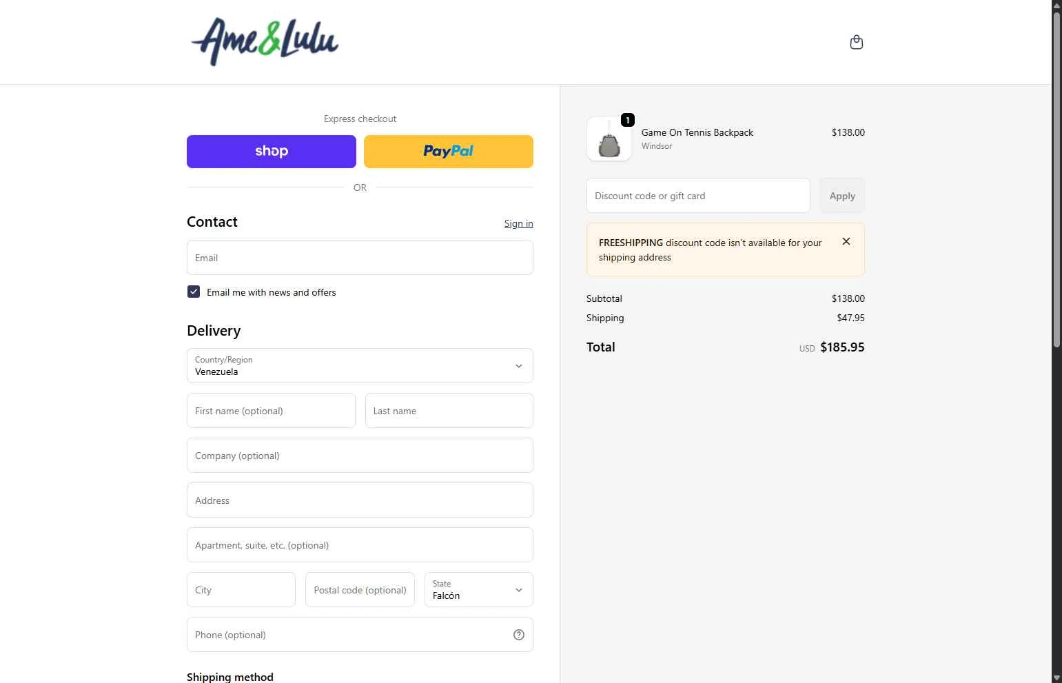 Ame & Lulu checkout page showing Ame & Lulu promo code box | Screenshot taken by SimplyCodes community member on Feb 4, 2026