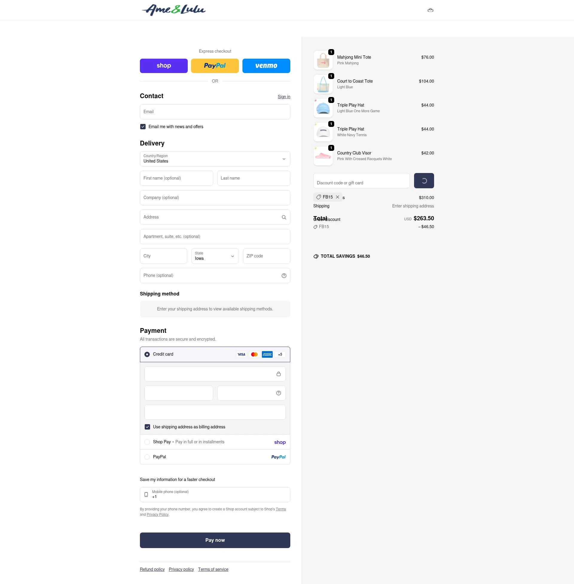 Ame & Lulu checkout page showing Ame & Lulu promo code box | Screenshot taken by SimplyCodes community member on Feb 4, 2026