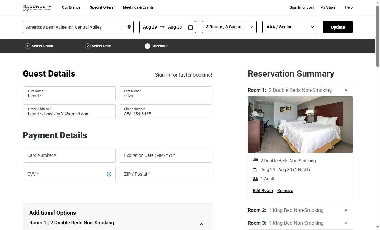 Americas Best Value Inn checkout page showing Americas Best Value Inn coupon code box | Screenshot taken by SimplyCodes community member on Aug 25, 2025
