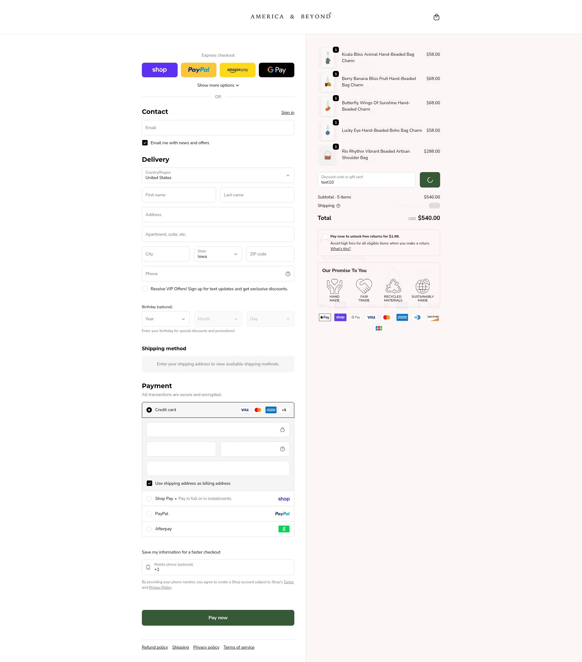 America & Beyond checkout page showing America & Beyond promo code box | Screenshot taken by SimplyCodes community member on Feb 19, 2026
